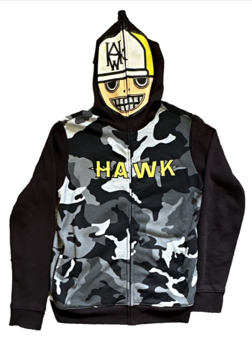 Tony HAWK Boy's XL Full Zip Face Mask Hood Fleece Hoodie Camouflage Black Gray